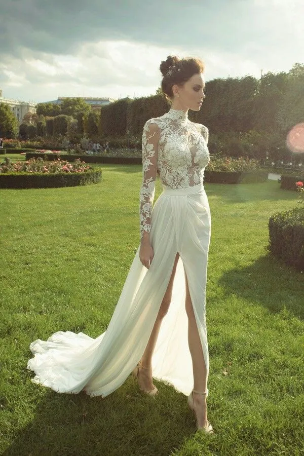 Gorgeous Lace Long Sleeve High Neck Chiffon Wedding Dress With Slit PW291