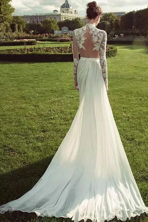 Gorgeous Lace Long Sleeve High Neck Chiffon Wedding Dress With Slit PW291