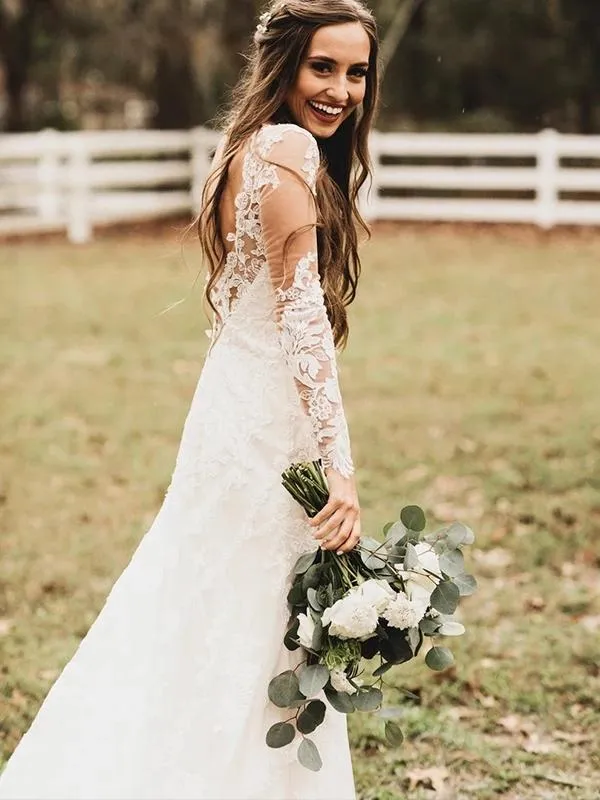 Lace Appliques Long Sleeves Mermaid Wedding Dress Backless Bridal Gown PW38
