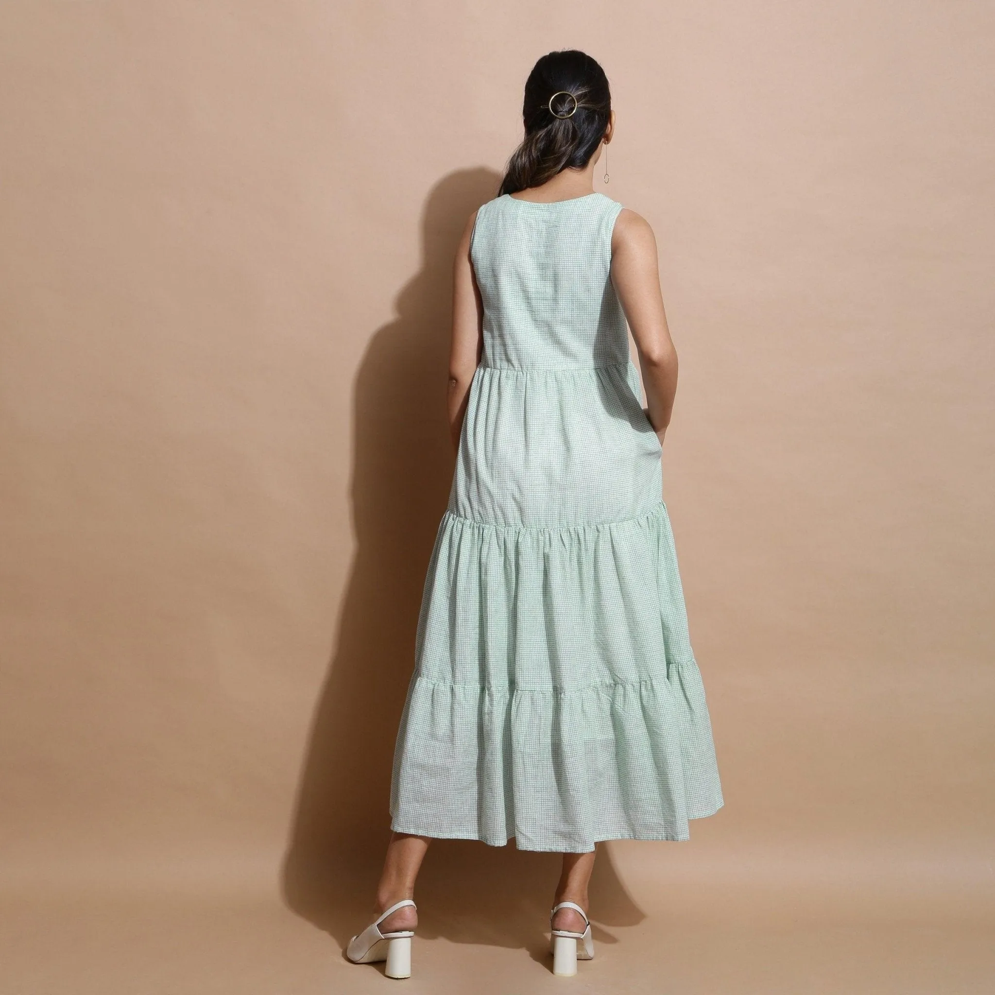 Light Green Cotton Muslin Checkered Maxi Tier Dress